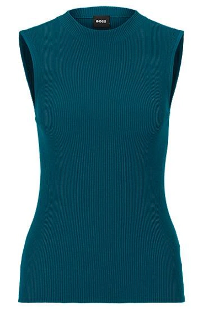 Hugo Boss Sleeveless Mock-neck Top With Ribbed Structure In Blue