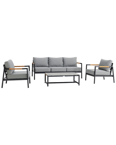 Armen Living Crown 4pc Black Aluminum And Teak Outdoor Seating Set