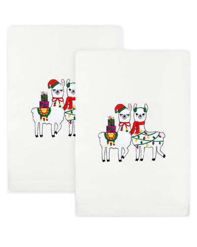 Linum Home Textiles Set Of 2 Christmas Llamas Embroidered Luxury Turkish Cotton Hand Towels In White