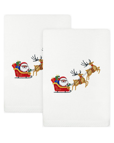 Linum Home Textiles Set Of 2 Christmas Santa's Sled Embroidered Luxury Turkish Cotton Hand Towels In White