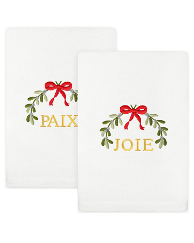 Linum Home Textiles Set Of 2 Christmas Mistletoe Paix & Joie Embroidered Luxury Turkish Cotton Hand In White