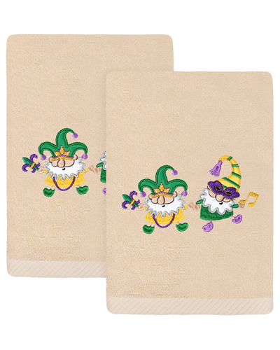 Linum Home Textiles Set Of 2 Mardi Gras Gnomes Embroidered Luxury Turkish Cotton Hand Towels In Brown