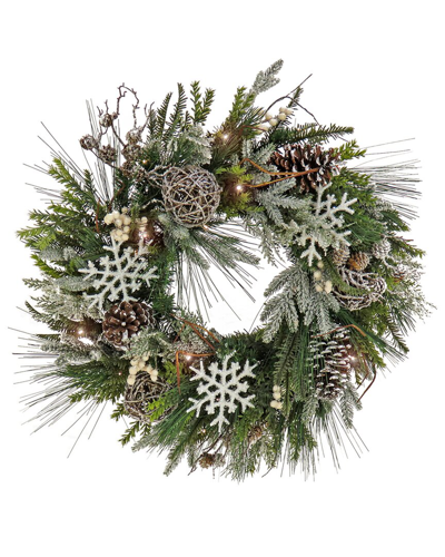 Hgtv 28in Cozy Winter Snowflake & Ornament Wreath In Green