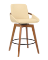 Armen Living Baylor 26 Cream Faux Leather And Walnut Wood Swivel Bar Stool In White