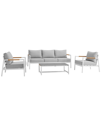 Armen Living Royal 4pc White Aluminum And Teak Outdoor Seating Set In Grey