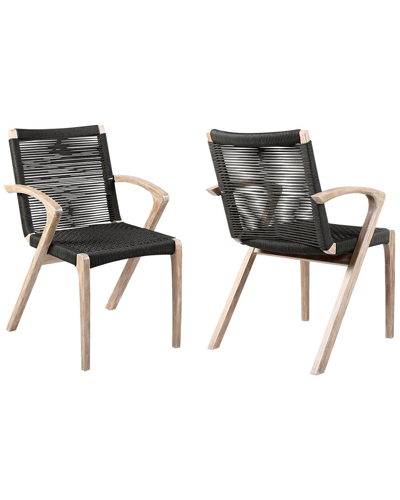 Armen Living Nabila Outdoor Light Eucalyptus Wood And Charcoal Rope Dining Chairs - Set Of 2 In Grey