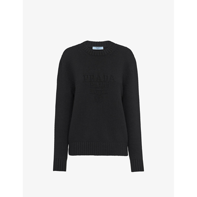 Prada Cashmere And Wool Logo Crew-neck Sweater In Black