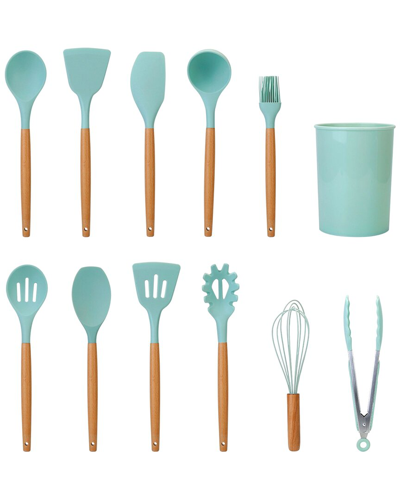 Fresh Fab Finds 11pc Silicone Utensil Set With Heat-resistant Wooden Handle In Green