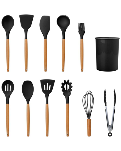 Fresh Fab Finds 11pc Silicone Utensil Set With Heat-resistant Wooden Handle In Black
