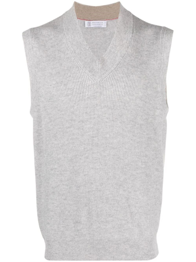 Brunello Cucinelli V-neck Cashmere Knitted Vest In Gray