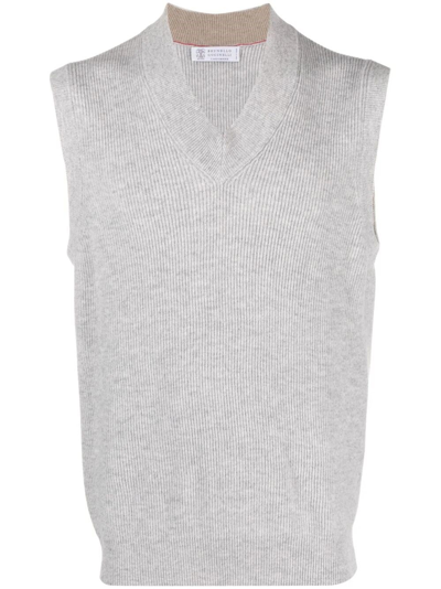 Brunello Cucinelli V-neck Cashmere Knitted Vest In Grey