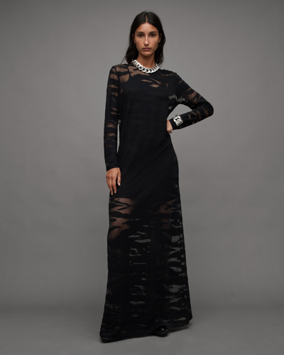 Allsaints Katlyn Mattea Long Sleeve Mesh Maxi Dress In Black