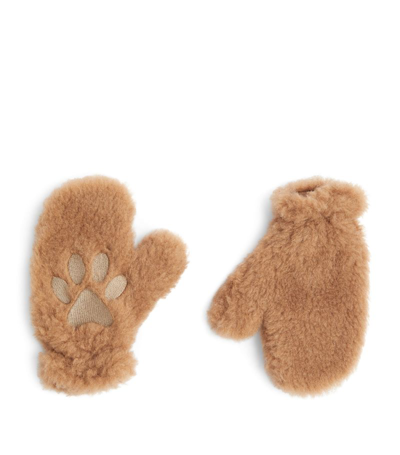 Max Mara Kids Camel-blend Paw-detail Mittens In Beige