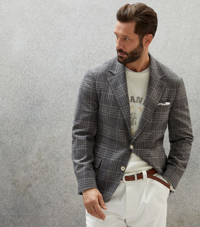 Brunello Cucinelli Wool-blend Tartan Blazer In Grey