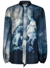 ROBERTO CAVALLI BLUE SILK BLOUSE WITH ALL-OVER BAROQUE-INSPIRED PRINT
