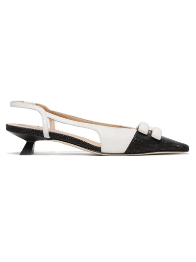 Chantal Low Slingback In Soft White Leather With Black Raffia Tip In Neutrals
