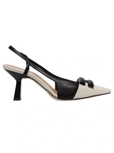 Chantal Slingback In Beige And Black Leather With Natural Raffia Toe