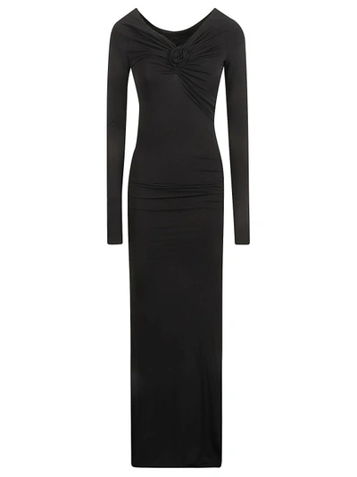 BLUMARINE BLACK V-NECK BARDOT-SLEEVES DRESS