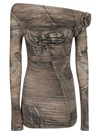 Blumarine Mini Dark Beige Dress With All-over Denim Print In Stretch Fabric Woman In Brown