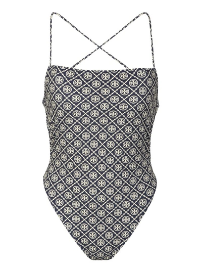 Tory Burch Printed Tie-back One-piece Swimsuit In Blue