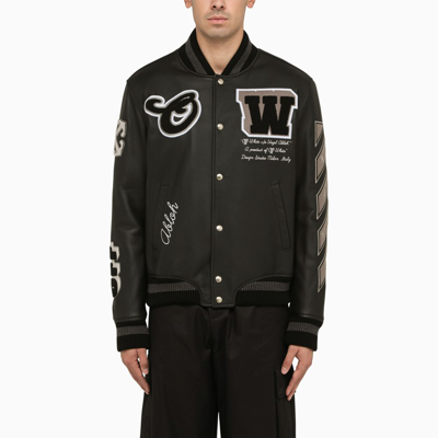 OFF-WHITE OFF-WHITE™ BLACK LEATHER BOMBER JACKET WITH PATCHES