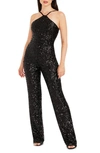 Dress The Population Darian Sequin Halter Jumpsuit In Jet Black