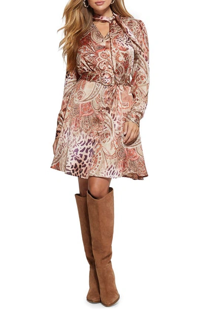 Guess Mireille Paisley Print Long Sleeve Dress In Red