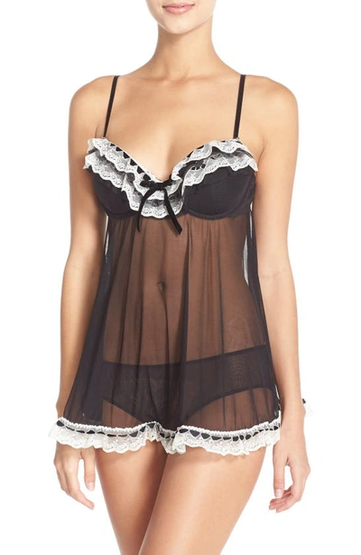 Black Bow 'ruffles Galore' Underwire Chemise & Hipster Briefs In Black