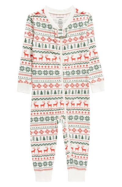 Nordstrom Kids' Zip-up Pajama Romper In Ivory Egret Fairisle