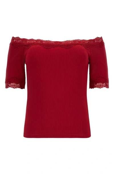Guess Mei Lace Trim Off The Shoulder Top In Chili Red