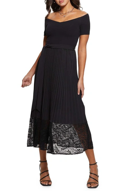 Guess Tiana Off The Shoulder Lace Trim Dress In Jet Black | ModeSens
