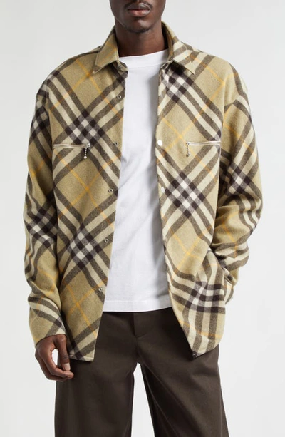 Burberry Check Wool Blend Overshirt In Hunter