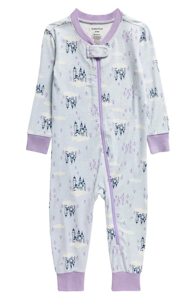 Nordstrom Babies' Print Fitted One-piece Pajamas In Blue Fade Cloud Castle