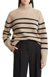 Nordstrom Stripe Cashmere Mock Neck Sweater In Tan Camel- Black Stripe