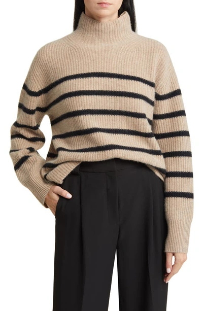 Nordstrom Stripe Cashmere Mock Neck Sweater In Tan Camel- Black Stripe