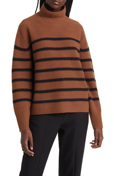 Nordstrom Stripe Cashmere Mock Neck Sweater In Rust Bisque- Black Stripe