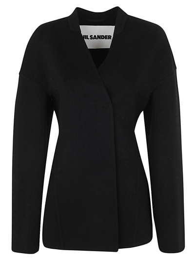 Jil Sander Collarless Sculpted Double Breasted Jacket Hidden Covered Buttons In Black