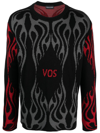 VISION OF SUPER BLACK JUMPER WITH RED AND GREY JACQUARD LOGO AND FLAMES