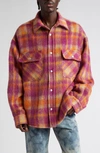 Palm Angels Brushed Wool Check Overshirt In Burgundy Berry