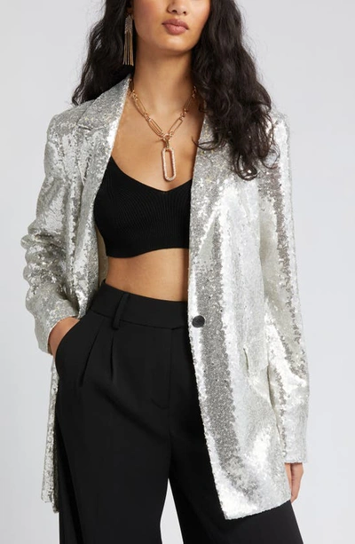 Open Edit Single Breasted Sequin Blazer In Beige- Silver