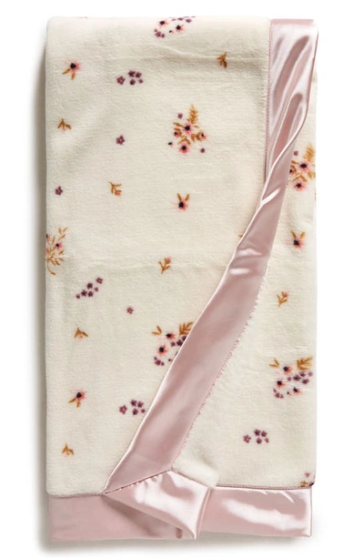 Nordstrom Baby Print Plush Blanket In Ivory Egret- Pink Floral Bunch
