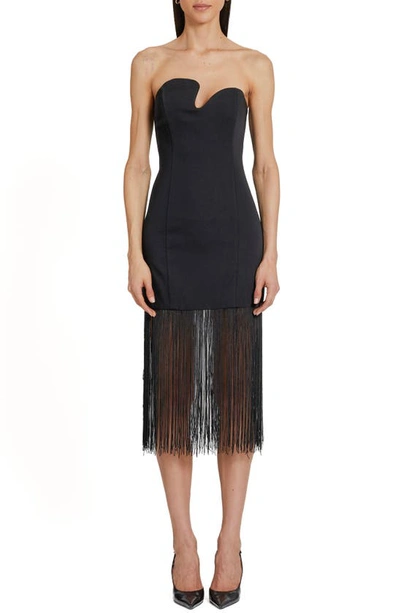 AMANDA UPRICHARD PUZZLE STRAPLESS FRINGE TRIM COCKTAIL DRESS