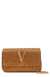 Versace Virtus Mini Crystal Chain Crossbody Bag In Caramel- Gold