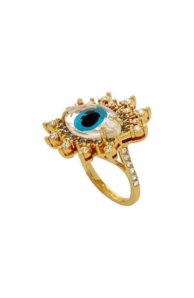 Kurt Geiger Crystal Evil Eye Cocktail Ring In Gold Tone In Blue/gold