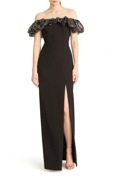 ml Monique Lhuillier Micaela Off-shoulder Crystal Ruffle Column Gown In Silver Black