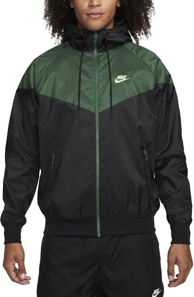 Nike Men's  Sportswear Windrunner Hooded Jacket In Black/ Fir/ Lime Blast