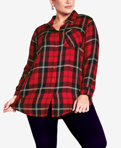 Avenue Plus Size Kylee Check Shirt Top In Red,black