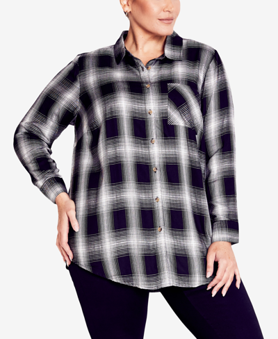 Avenue Plus Size Kylee Plaid Button Up Shirt In Black,ivory