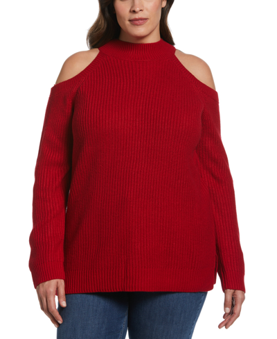 Ella Rafaella Plus Size Cold Shoulder Long Sleeve Tunic Sweater In Ruby