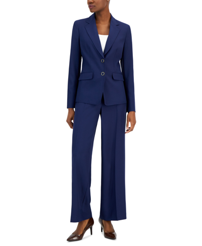 Nipon Boutique Women's Asymmetrical Ruffled One-button Jacket & Wide-leg Pant Suit In Bright Navy